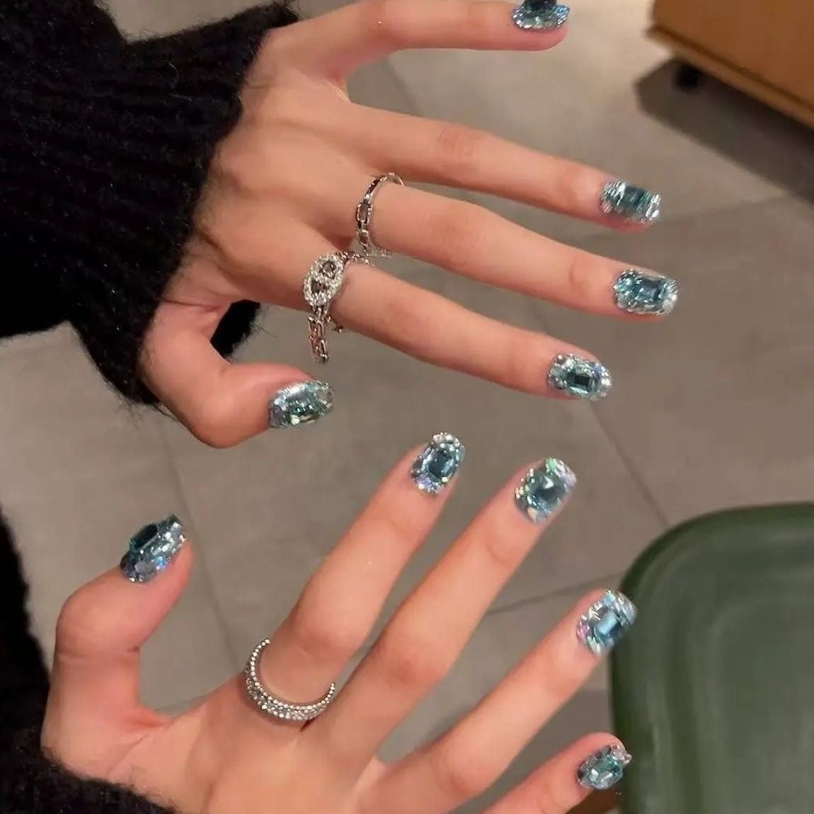 Luxury Ice Blue Rhinestone Press On Nails | Handmade Short Square Bling Crystal Nails