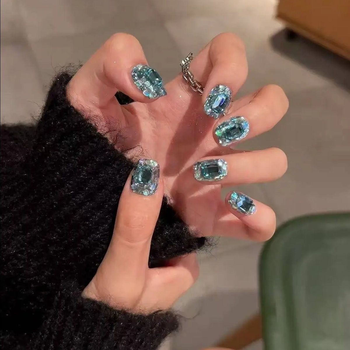 Luxury Ice Blue Rhinestone Press On Nails | Handmade Short Square Bling Crystal Nails